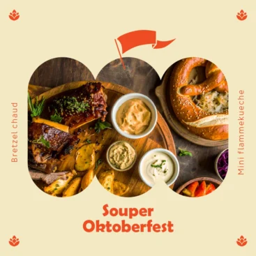 souper Oktoberfest à Bromont avec repas quatre services, bière et ambiance festive bavaroise.