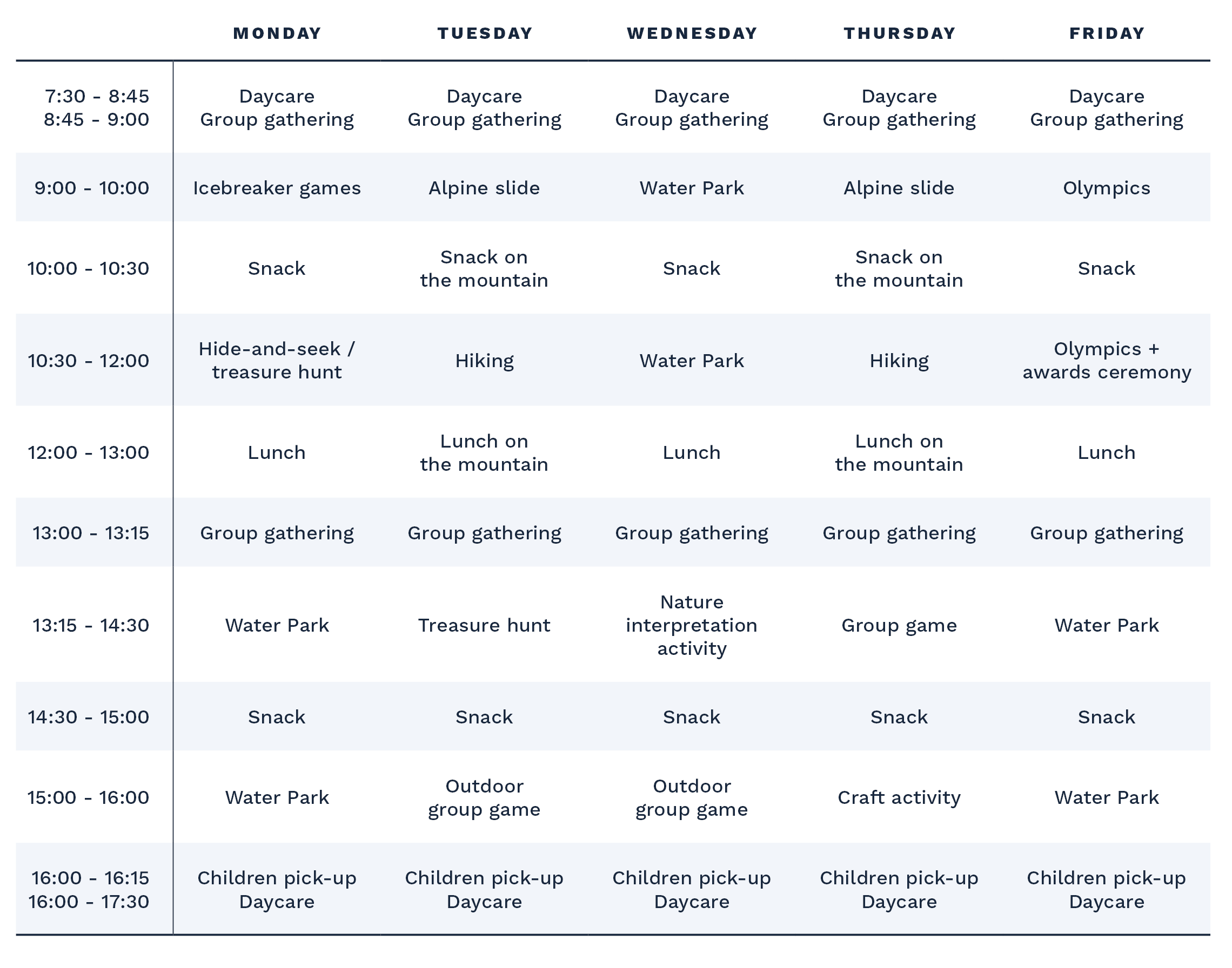 Camps-jour-tableaui-EN Day camp typical schedule